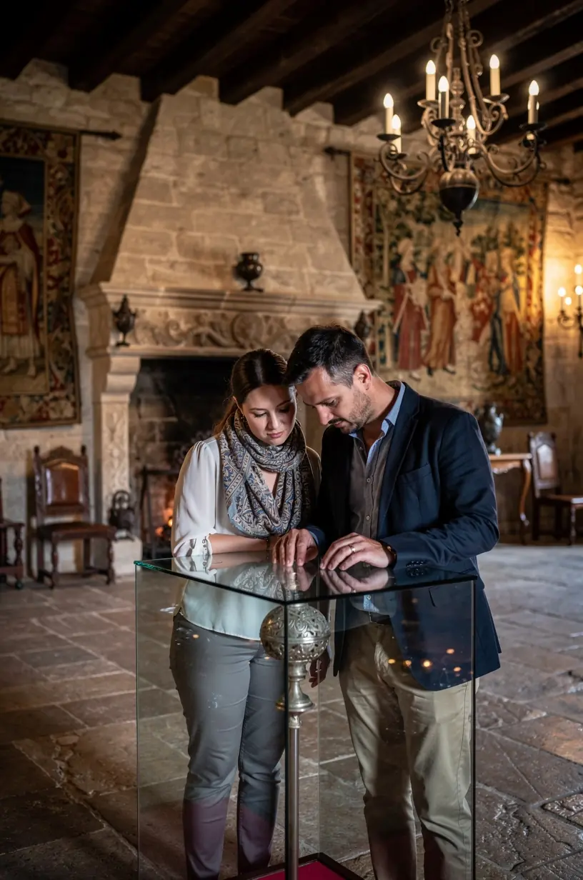 Detailaufnahme kunstvoller Steinmetzarbeiten an den Mauern einer historischen Burg